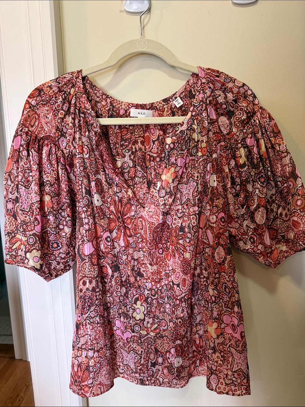 A.L.C. Pink Multi Floral V-Neck Puff Sleeve Blouse